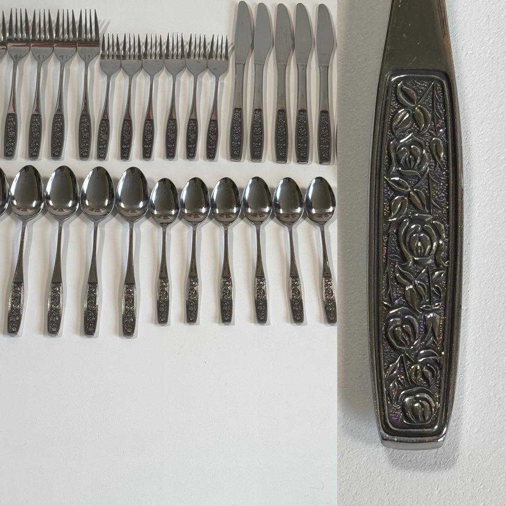 1960's Interpur INR28 32 Pieces Rose Floral Stainless Flatware Japan Silverware